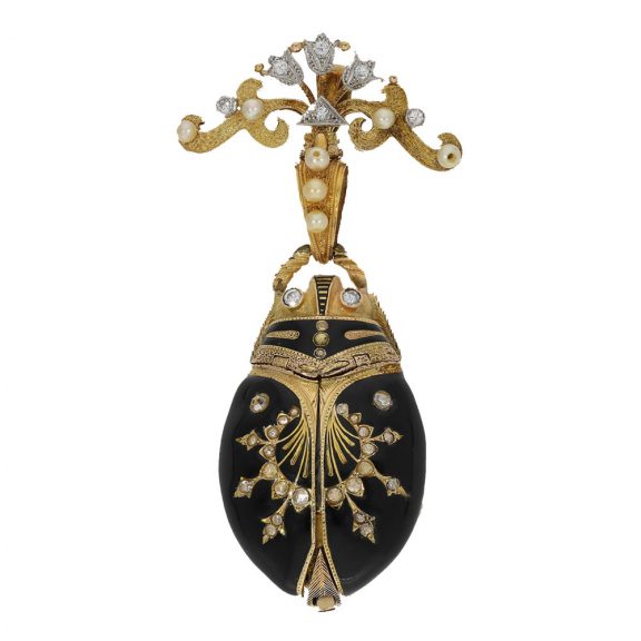 Swiss gold and enamel scarab form watch set with pearls Circa 1870 Swiss gold and enamel scarab form watch set with pearls Circa 1870