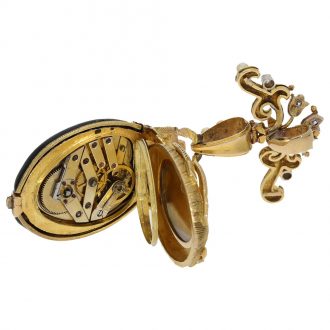 Swiss gold and enamel scarab form watch set with pearls Circa 1870