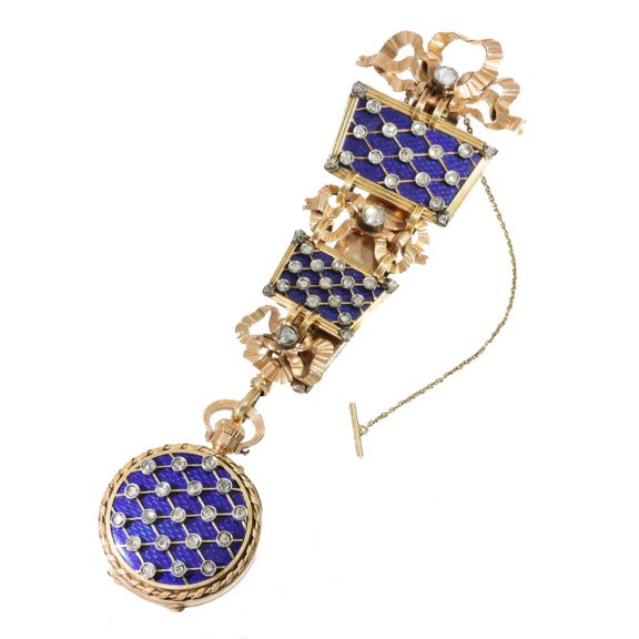 French 18 carat gold and enamel important chatelaine watch Circa 1850 French 18 carat gold and enamel important chatelaine watch Circa 1850