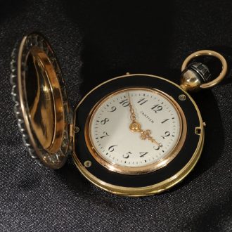 Swiss French 18 carat gold and enamel watch with diamonds Circa 1925