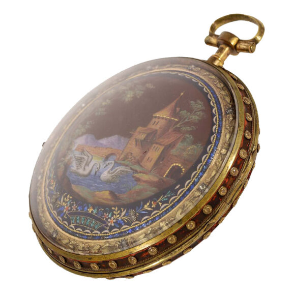 Swiss brass and enamel watch with very fine painting Circa 1780 Swiss brass and enamel watch with very fine painting Circa 1780
