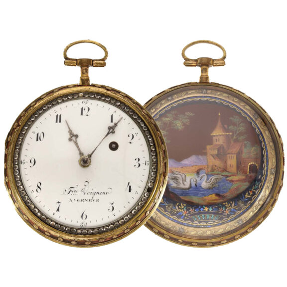Swiss brass and enamel watch with very fine painting Circa 1780 Swiss brass and enamel watch with very fine painting Circa 1780
