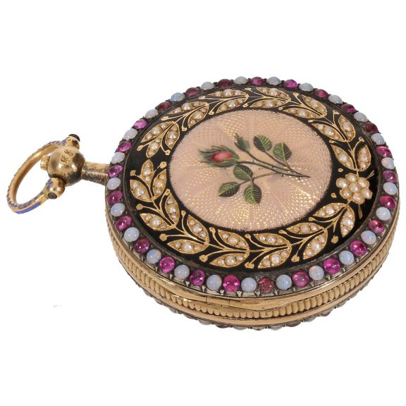 Swiss 18 carat gold and enamel full hunter case watch Circa 1800 Swiss 18 carat gold and enamel full hunter case watch Circa 1800