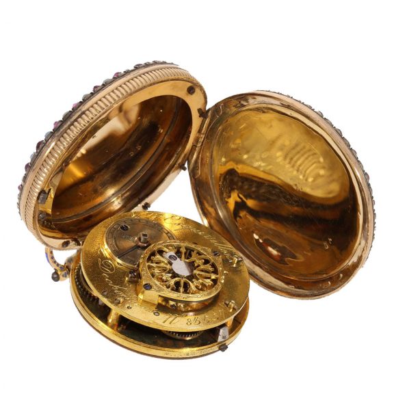 Swiss 18 carat gold and enamel full hunter case watch Circa 1800 Swiss 18 carat gold and enamel full hunter case watch Circa 1800
