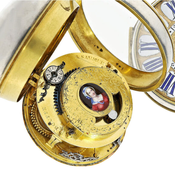 French enamel decorated watch with mock pendulum Circa 1690 French enamel decorated watch with mock pendulum Circa 1690