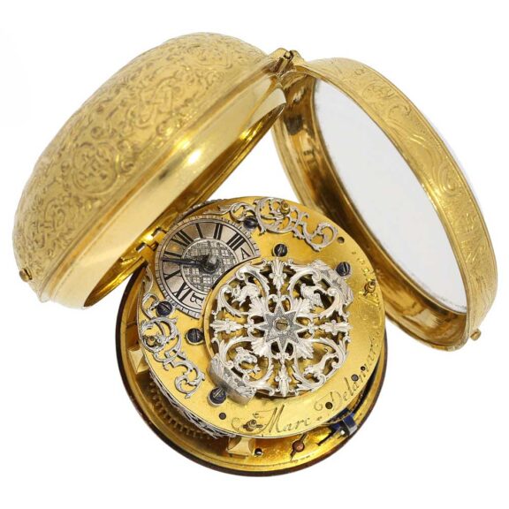 French gilt open faced repoussé oignon watch Circa 1700-1720 French gilt open faced repoussé oignon watch Circa 1700-1720