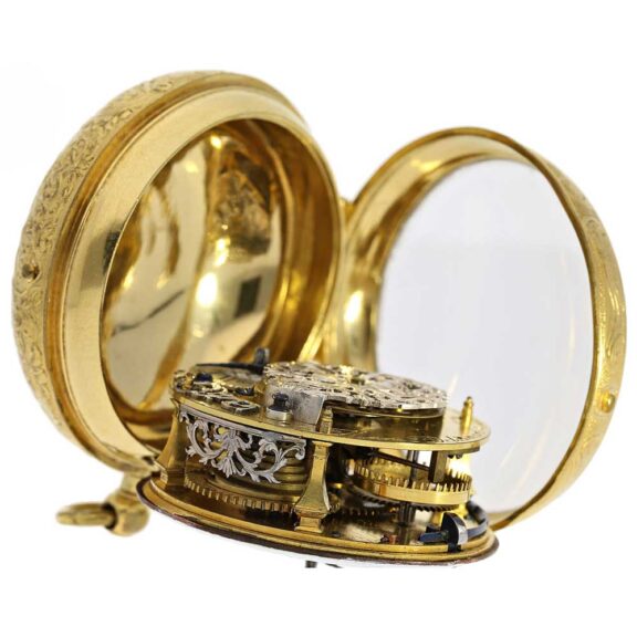 French gilt open faced repoussé oignon watch Circa 1700-1720 French gilt open faced repoussé oignon watch Circa 1700-1720