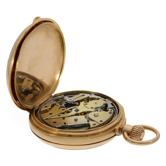 Swiss 18 carat open faced watch with quarter repeater Circa 1876 Swiss 18 carat open faced watch with quarter repeater Circa 1876