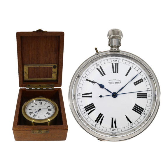 This Ulysse Nardin observation chronometer is accompanied by a wooden box, which features a screwed brass housing and bears the signature of Dennison British Made This Ulysse Nardin observation chronometer is accompanied by a wooden box, which features a screwed brass housing and bears the signature of Dennison British Made