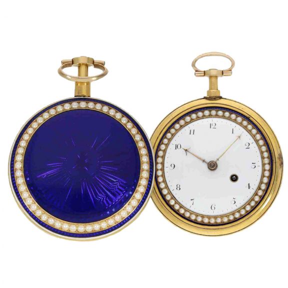 Large English 18K gold, enamel and pearl set verge Circa 1800 Large English 18K gold, enamel and pearl set verge Circa 1800