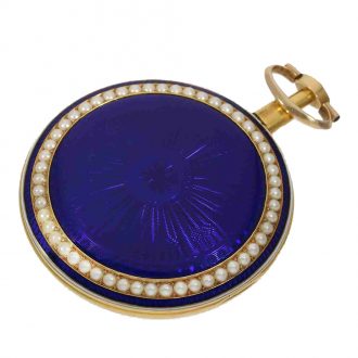 Large English 18K gold, enamel and pearl set verge Circa 1800