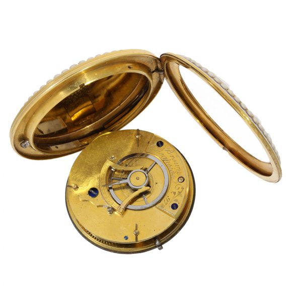 Large English 18K gold, enamel and pearl set verge Circa 1800 Large English 18K gold, enamel and pearl set verge Circa 1800