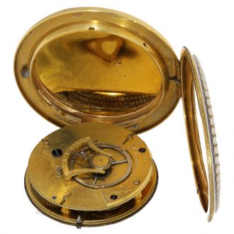 Large English 18K gold, enamel and pearl set verge Circa 1800