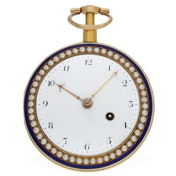 Large English 18K gold, enamel and pearl set verge Circa 1800
