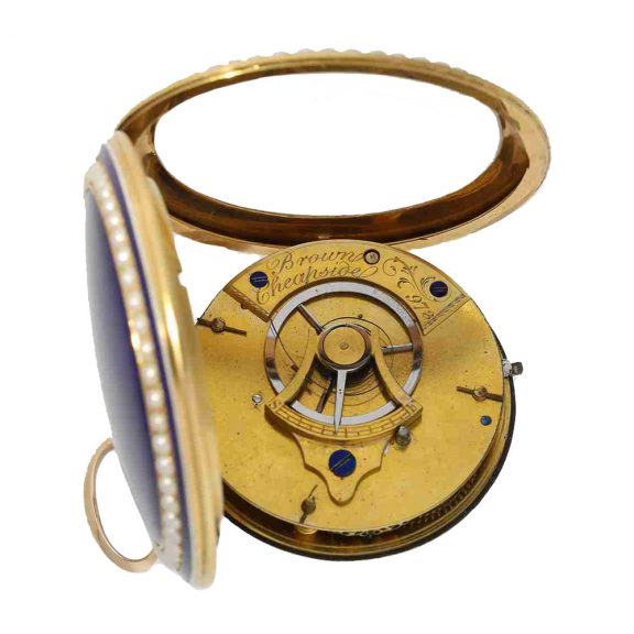 Large English 18K gold, enamel and pearl set verge Circa 1800 Large English 18K gold, enamel and pearl set verge Circa 1800
