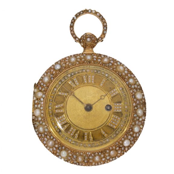 Swiss 18 carat gold cylinder pocket watch with pearl setting Circa 1800