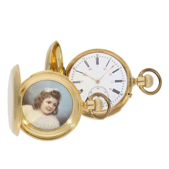 Swiss gold full hunter cased watch with concealed enamel painting Circa 1890