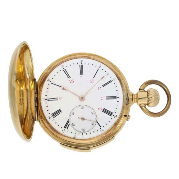 Swiss gold full hunter cased watch with concealed enamel painting Circa 1890 Swiss gold full hunter cased watch with concealed enamel painting Circa 1890