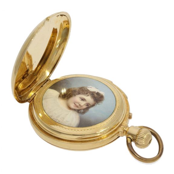 Swiss gold full hunter cased watch with concealed enamel painting Circa 1890 Swiss gold full hunter cased watch with concealed enamel painting Circa 1890