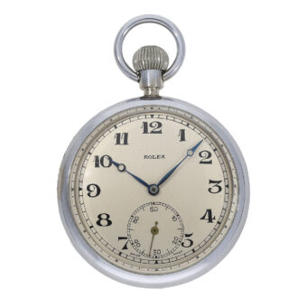 The silver plated dial features an outer ring with Arabic numerals for the hours, a subsidiary dial at six o'clock with Arabic numerals for the seconds, and Breguet steel hands.
