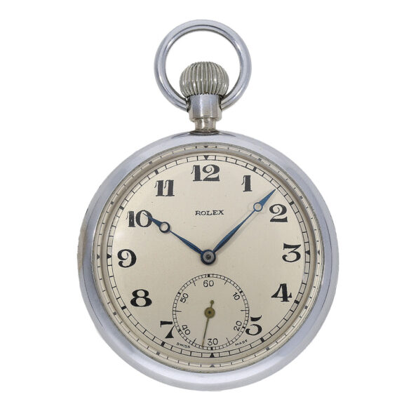 The silver plated dial features an outer ring with Arabic numerals for the hours, a subsidiary dial at six o'clock with Arabic numerals for the seconds, and Breguet steel hands. The silver plated dial features an outer ring with Arabic numerals for the hours, a subsidiary dial at six o'clock with Arabic numerals for the seconds, and Breguet steel hands.