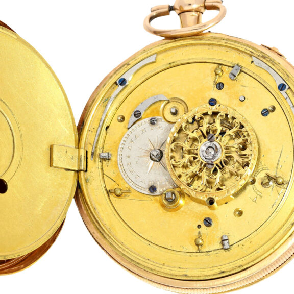 Swiss gold skeletonized with figured automaton Circa 1820 Swiss gold skeletonized with figured automaton Circa 1820
