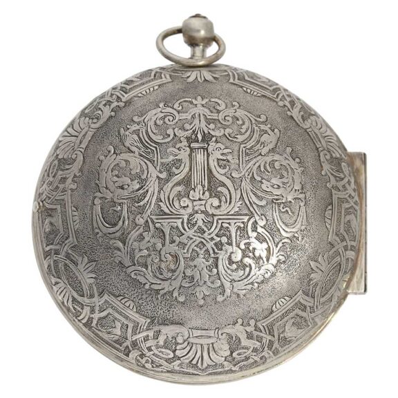 French heavy silver Oignon with mock pendulum Circa 1700 French heavy silver Oignon with mock pendulum Circa 1700