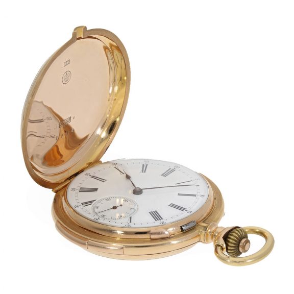 Swiss 18K gold hunting cased quarter repeating watch Circa 1890 Swiss 18K gold hunting cased quarter repeating watch Circa 1890