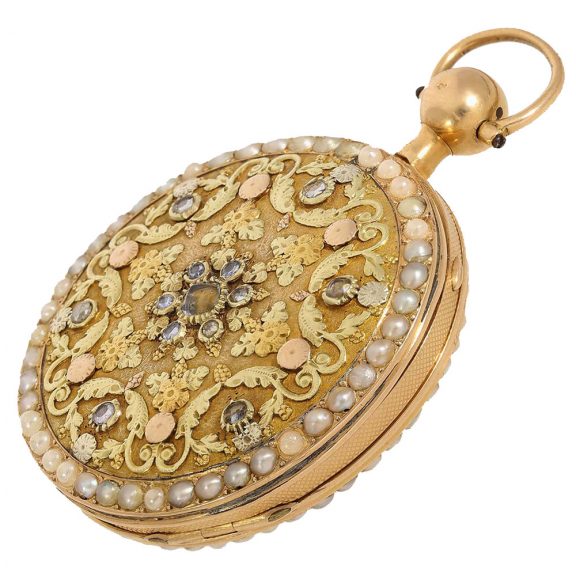Swiss 18 carat gold verge watch with diamonds and repeater Circa 1800 Swiss 18 carat gold verge watch with diamonds and repeater Circa 1800