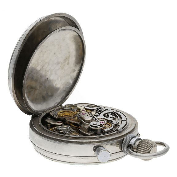 Swiss steel pocket watch with split seconds chronograph Circa 1958 Swiss steel pocket watch with split seconds chronograph Circa 1958