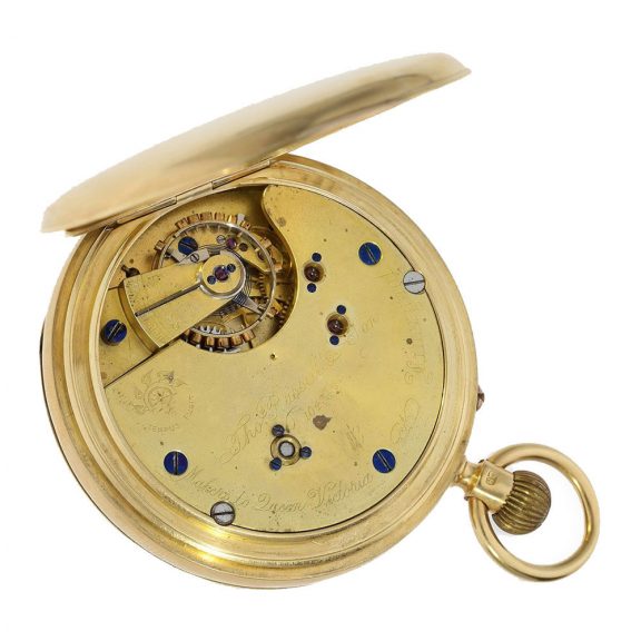 English 18 carat pocket watch with power reserve display Circa 1901 English 18 carat pocket watch with power reserve display Circa 1901