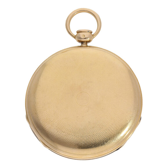 The case is made in the Breguet style and has a fine "à goutte" quality with an engine turned back The case is made in the Breguet style and has a fine "à goutte" quality with an engine turned back