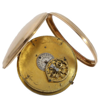 The movement features a venerable verge escapement, a mechanism that was widely employed during the era due to its reliability and accuracy