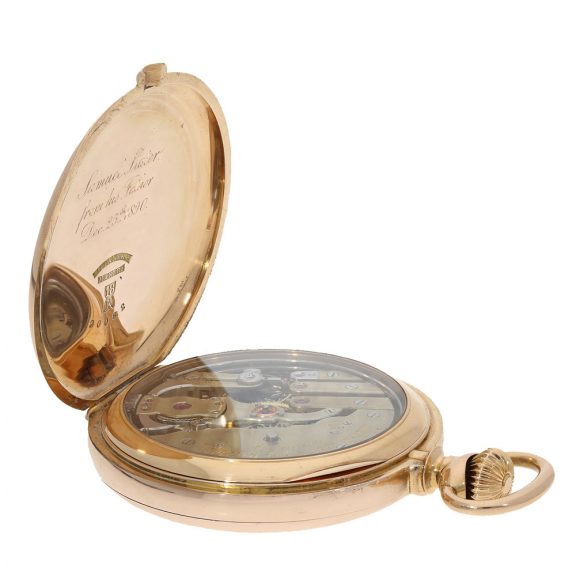 Swiss 18K gold hunting cased repeating lever watch Circa 1890 Swiss 18K gold hunting cased repeating lever watch Circa 1890