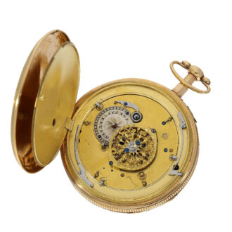 The full plate movement of the watch is equipped with a verge escapement and an hour and quarter hour repeater