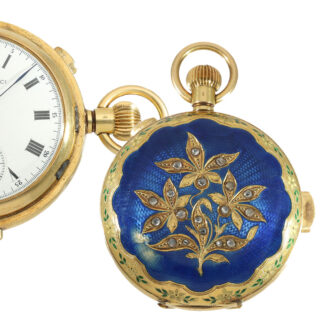 English 18 carat gold enamel hunter cased pocket watch Circa 1900