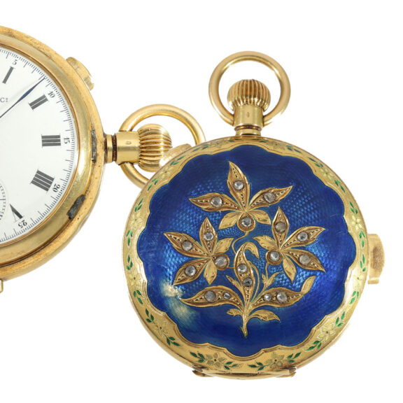 English 18 carat gold enamel hunter cased pocket watch Circa 1900 English 18 carat gold enamel hunter cased pocket watch Circa 1900
