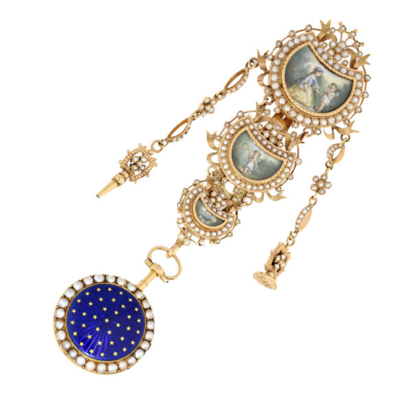 French 20k gold virgule with pearls and chatelaine Circa 1780 French 20k gold virgule with pearls and chatelaine Circa 1780