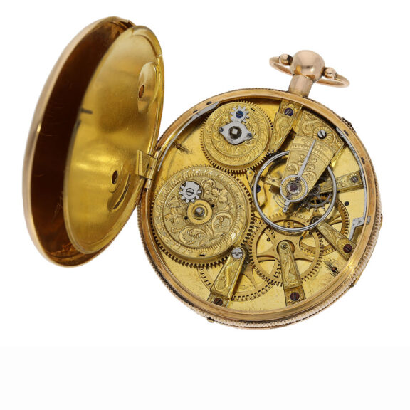The movement boasts an extremely rare calibre with exquisite decoration, two barrels, one for the main movement and another for the independent jumping second hand, utilizes a cylinder escapement and a large balance The movement boasts an extremely rare calibre with exquisite decoration, two barrels, one for the main movement and another for the independent jumping second hand, utilizes a cylinder escapement and a large balance