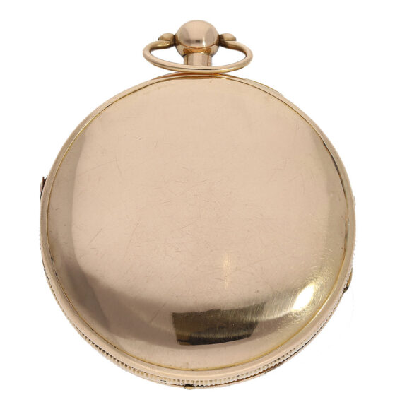 The watch’s plain open faced case is crafted from 18 Carat red gold and has a coin edge The watch’s plain open faced case is crafted from 18 Carat red gold and has a coin edge