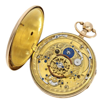 The movement of this pocket watch features a verge escapement and a blued regulating disc