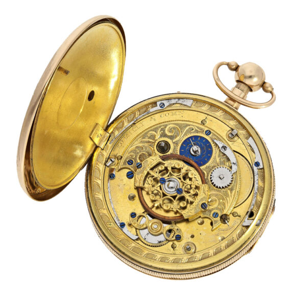 The movement of this pocket watch features a verge escapement and a blued regulating disc The movement of this pocket watch features a verge escapement and a blued regulating disc