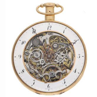 The original dial of the Lépine No.2620 features a white enamel numeral circlet with Arabic numerals for the hours and the centre of the dial is skeletonized