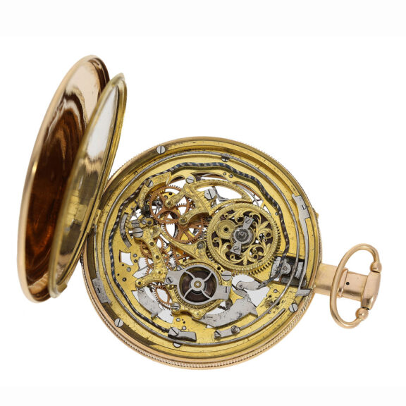 The movement is powered by a cylinder escapement and features a quarter hour repeater The movement is powered by a cylinder escapement and features a quarter hour repeater
