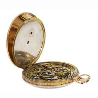 The movement is powered by a cylinder escapement and features a quarter hour repeater