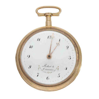 The white enamel front dial of the watch features a central time display with red gold hands