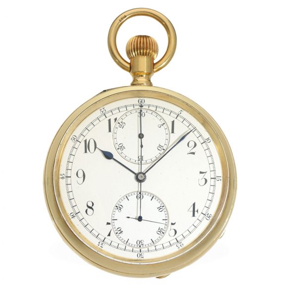 English 18 carat gold deck watch with carousel and chronograph Circa 1903