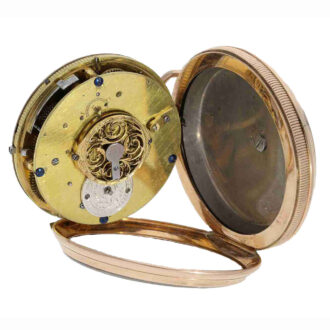 The movement has a bell and a verge escapement The movement has a bell and a verge escapement