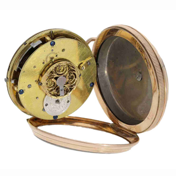 The movement has a bell and a verge escapement The movement has a bell and a verge escapement