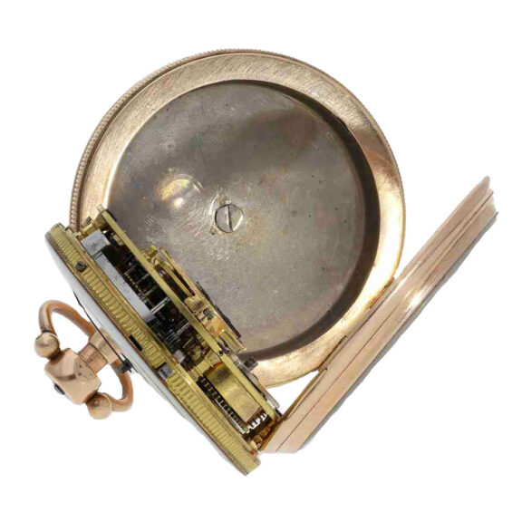 The movement has a bell and a verge escapement The movement has a bell and a verge escapement